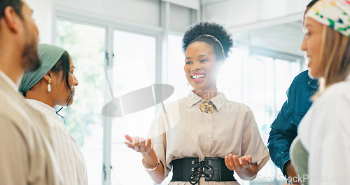 Image of Business women, teamwork or diversity meeting on paper or documents review in coaching or training feedback. Smile, happy or talking speaker in leadership workshop, collaboration or strategy planning