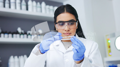 Image of Young female scientist doing research to find a cure for an illness or disease while working in a laboratory alone. Serious and expert medical biologist doing an experiment for progress in healthcare