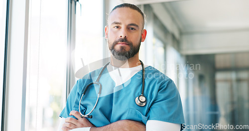 Image of Healthcare worker, face or thinking nurse with arms crossed in hospital surgery ideas or life insurance vision. Portrait, man or medicine employee in trust innovation, help or medical wellness goals