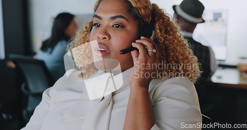 Image of Call center woman, communication and explain for customer service, help and advice in office for career. Black woman, crm expert or consultant for contact us, customer support and consulting clients