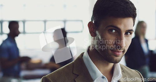 Image of Portrait, mockup and business man in an office focus and serious about startup or company at work. Entrepreneur, leader and face of corporate professional employee or worker at the workplace