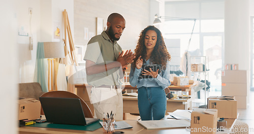 Image of Teamwork, business people or working on tablet planning, collaboration or marketing SEO analytics in office. Tech, employees or manager consulting employee on research, web design or data analysis