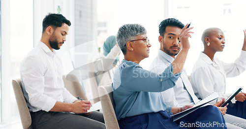 Image of Hands, audience and questions during a presentation by business people discussing goal in meeting. Hand, training and team share goal, mission and planning in business meeting, conference or workshop