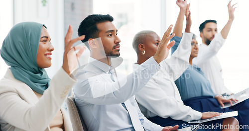 Image of Hands, audience and questions during a presentation by business people discussing goal in meeting. Hand, training and team share goal, mission and planning in business meeting, conference or workshop