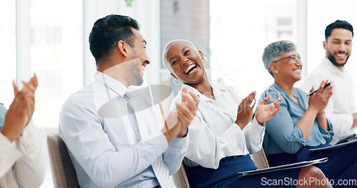 Image of Diversity, business people and applause presentation, employee support and happiness in office. Interracial teamwork, clapping hands and audience smile for workshop achievement or goals celebration