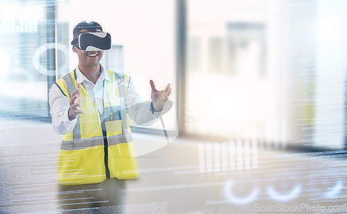 Image of Construction, futuristic and architect with VR and man, digital transformation and metaverse with architecture. Virtual reality goggles, future technology overlay and building with hologram and 3D