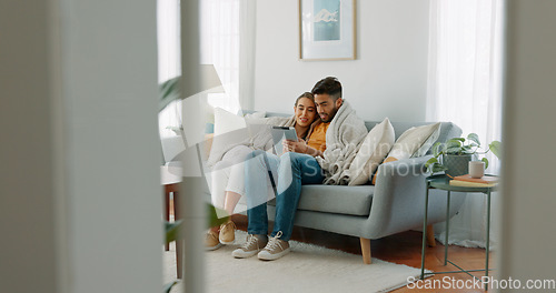 Image of Couple, happy or tablet for communication, networking or social media app at home. Movie, video or love man and woman relax in living room streaming online, internet or website with smile in house
