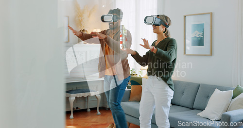 Image of Vr gaming, young couple and virtual headset for metaverse experience at home playing game or interactive movie. Futuristic technology, 3d and virtual reality man and woman online for cyber fantasy