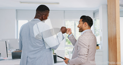 Image of Fist bump, team building or men walking in office building with sales mission, business goals or motivation to work. Partnership, morning or happy employees with support, trust or vision for success