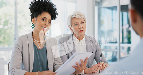 Image of Teamwork, documents and women in business meeting for planning, strategy and marketing report. Collaboration, management and professional workers in discussion with paperwork, review and proposal