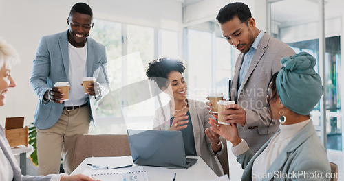 Image of Business people, coffee or diversity meeting on laptop in company finance planning, investment strategy or target paper analytics. Happy smile, financial workers or collaboration technology and drink