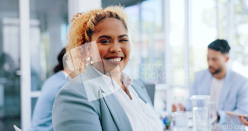 Image of Business woman, portrait or leadership for office meeting, boardroom training or diversity teamwork in collaboration. Smile, happy or corporate manager in global finance company for strategy planning