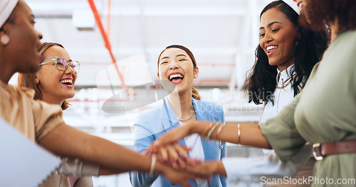 Image of Business team, hands together and celebration of teamwork with women for collaboration, project management and team building in a office. Diversity female employees with motivation for success