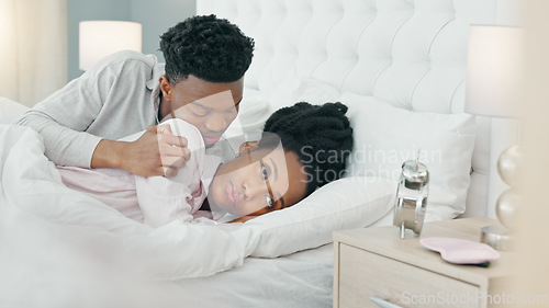 Image of Couple in bedroom after fight, frustrated black woman and man comfort young angry girl. Home together, sad argument and ignore relationship problem. Stress from mistake, risk divorce or breakup