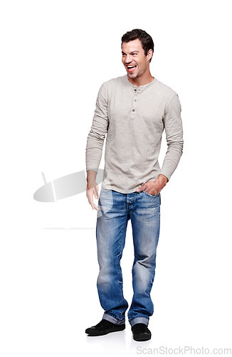 Image of Fashion, style and man on a white background with smile standing in trendy, stylish and modern clothes. Happy, confidence and male fashion model isolated in studio with casual, retro and urban outfit