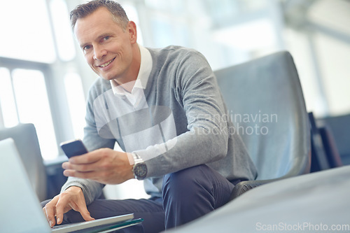 Image of Portrait, corporate or business man with phone for invest strategy, finance growth or financial review. Smile, airport or manager with smartphone for planning, data analysis or investment research