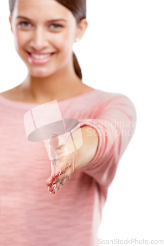 Image of Woman, hand and portrait of a person with a white background ready for agreement or deal. Smile, model and isolated female with welcome and hallo hand gesture for a handshake happy with mockup