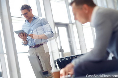 Image of Tablet, corporate or business man standing in airport lobby for invest strategy, finance growth or financial success. CEO, travel or manager with tech planning, social media or network blog