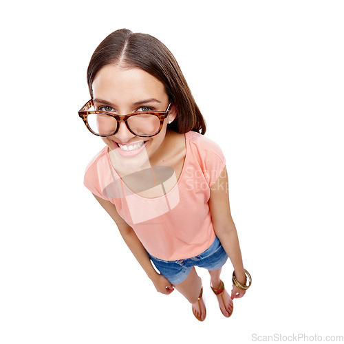 Image of Woman, happy and portrait of a model with glasses, smile and casual fashion. White background, happiness and isolated young person looking up with eyewear in a studio feeling positive and calm