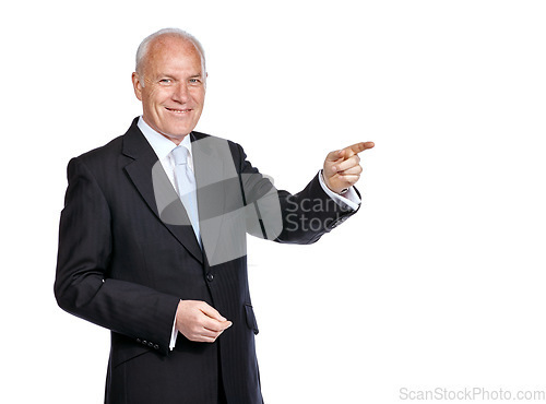 Image of Happy, portrait and businessman pointing at mockup space for a marketing, advertising or product placement. Mock up, corporate and elderly male model point finger while isolated by a white background