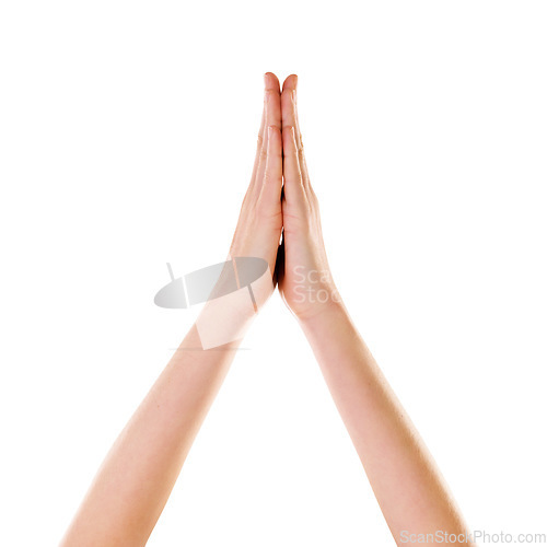 Image of High five, studio and people hands for success, teamwork or support isolated on white background on marketing space. Prayer, faith and palm together sign or emoji on advertising mock up for winner