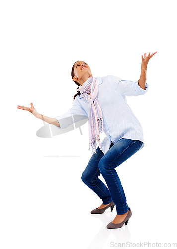 Image of Mockup, pressure and desperate with a black woman in studio isolated on a white background looking up. Heavy, weight and crisis with a young female holding blank space for branding or marketing