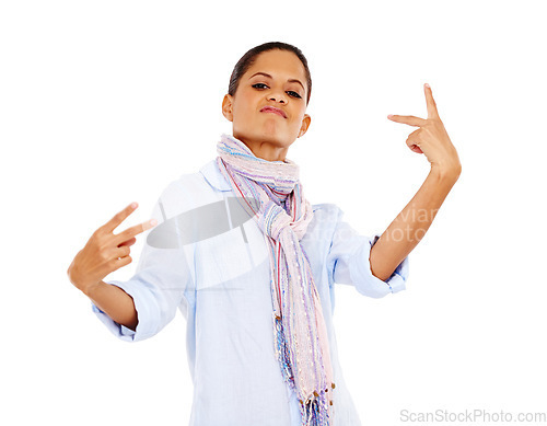 Image of Portrait, attitude and woman with peace sign in studio isolated on a white background. Face, expression and hand gesture, or emoji of female model from India in stylish, designer and cool scarf.