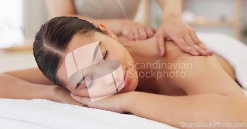 Image of Relax, spa massage and woman wellness, beauty and luxury resort with hand of masseuse for back massage. Happy, peace and zen body treatment in Thailand for beauty, skincare and healthy pamper session