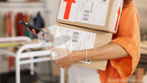 Image of Box, ecommerce and black woman small business owner packing orders for shipping and delivery in her office, happy and cheerful. Startup, retail and store worker prepare package, parcel and boxes