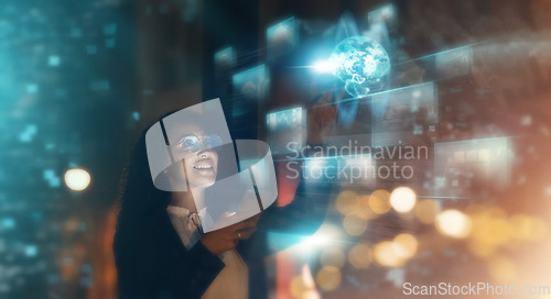 Image of Woman, tech overlay and phone in office for finance research, data analytics or digital job in night. Cybersecurity expert, fintech or happy in dark workplace with 3d hologram abstract in programming