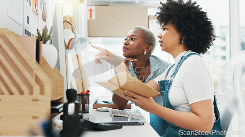 Image of Black, women and business startup of employee working with coach on marketing plan or strategy on computer. African woman in teamwork discussion for company ideas, advertising products for ecommerce