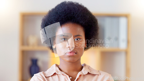 Image of Portrait of a serious african woman at home standing inside her living room. Face of a young trendy female with an afro looking confident and relaxed. Beautiful student with natural makeup staring