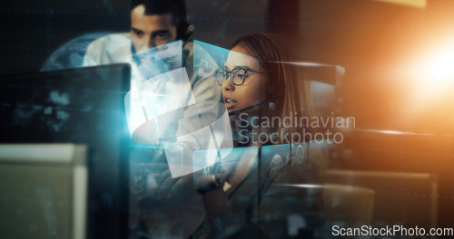 Image of Creative business people, digital transformation and hologram with lens flare for future networking at night in double exposure. Consultants in telemarketing or big data innovation for online startup