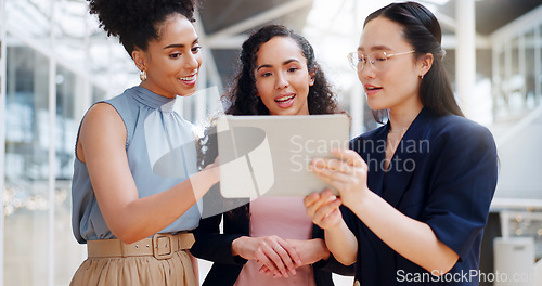 Image of Tablet, walking and business women communication, marketing strategy and website planning in diversity. Digital technology, startup teamwork and creative employees review design, feedback and ideas