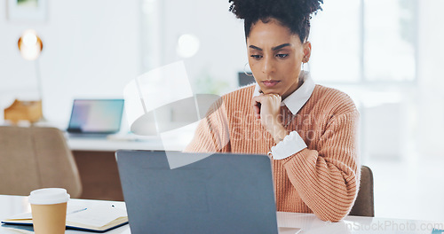 Image of Face, black woman or worker in office building working on hr administration with a happy smile at office desk. Portrait, focus or African employee writing a mission, mission or goals for success