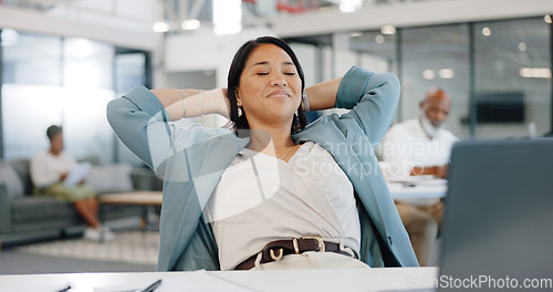 Image of Relax, success and woman reading an email, communication peace and happy after proposal on a laptop. Smile, complete and employee in business relaxing after finishing a project on a computer