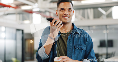 Image of Startup, walking or happy businessman on a phone call talking, communication or speaking of goals or success. Smile, coffee or employee chatting or networking in a business deal negotiation on lunch