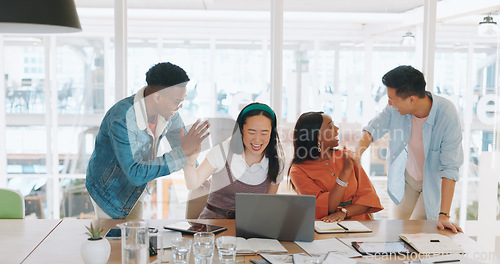 Image of Celebration, laptop and business people high five, applause and celebrate goals, targets or achievement. Teamwork, winner and group collaboration of employees on pc clapping and celebrating success.