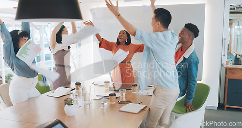 Image of Team, business and celebration for achievement, group project and success with marketing campaign. Staff, teamwork and collaboration for advertising, corporate goal or partnership for startup company