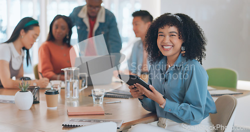 Image of Face, leadership and black woman with tablet in meeting for advertising or marketing strategy. Ceo, boss and female entrepreneur with touchscreen for internet browsing, email or research in office.