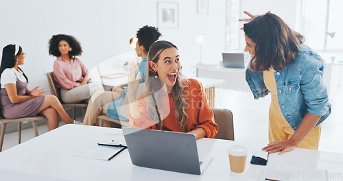 Image of Success, fist bump or happy employees with a handshake in celebration of digital marketing sales goals at office desk. Laptop, winner or excited women celebrate winning an online business deal at job