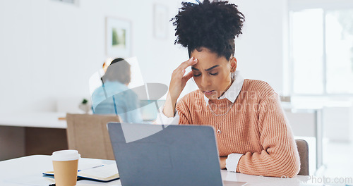 Image of Business, stress and woman with laptop, tired and overworked in office, burnout and stress with mental health. Female, girl and administrator with fatigue, frustrated and online work for schedule.