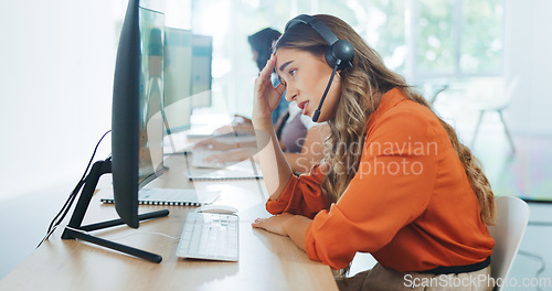 Image of Stress, headache and burnout woman at call center, feeling tired or exhausted. Mental health, anxiety or female sales agent, consultant or telemarketing employee with depression or migraine in office