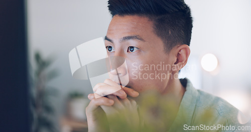 Image of Thinking, reading and Asian man with idea on computer, corporate email and online communication at work. SEO, website and businessman planning a project on the web with technology in the workplace