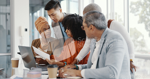 Image of Team, business people and conversation with laptop, brainstorming for advertising campaign and office. Staff, teamwork and digital analysis for group project, sales growth and collaboration for goal