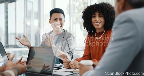 Image of Meeting, collaboration and team planning a project together in the office conference room. Teamwork, diversity and business people in discussion while working on a b2b corporate strategy in workplace