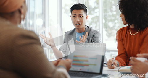 Image of CEO, meeting or business people planning a strategy to increase sales for financial growth in office building. Team work, laptop or senior manager talking or speaking of project goals to employees