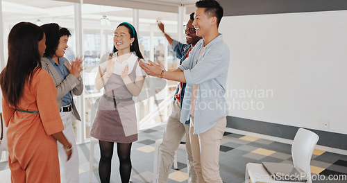 Image of Hands, together and team, motivation and support with trust and excited for collaboration, happy and workplace diversity. Worker, teamwork and applause, cheers and positive mindset in team building.