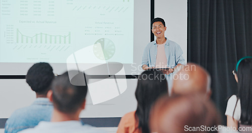 Image of Presentation, question and asian businessman in digital marketing, data analytics and research on monitor screen for audience. Hand, ideas and Seoul creative business man, leadership and mentorship