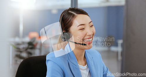 Image of Call center, customer support and Asian woman with smile talking, speaking and laugh with client online. Telecommunication, customer support and friendly service for female consultant for crm company